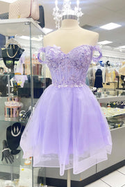 Lavender Tulle Lace A-Line Off-The-Shoulder Homecoming Dresses with Appliques