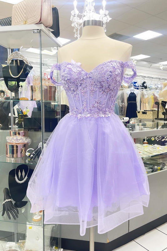 Lavender Beading Off the Shoulder Homecoming Dress with Applique