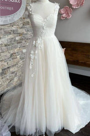 White Sweetheart Sleeveless 3D Floral A-Line Tulle Long Wedding Dresses