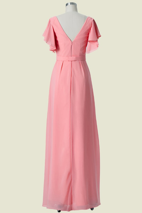 Pink Short Sleeves V-Neck A-Line Chiffon Bridesmaid Dresses