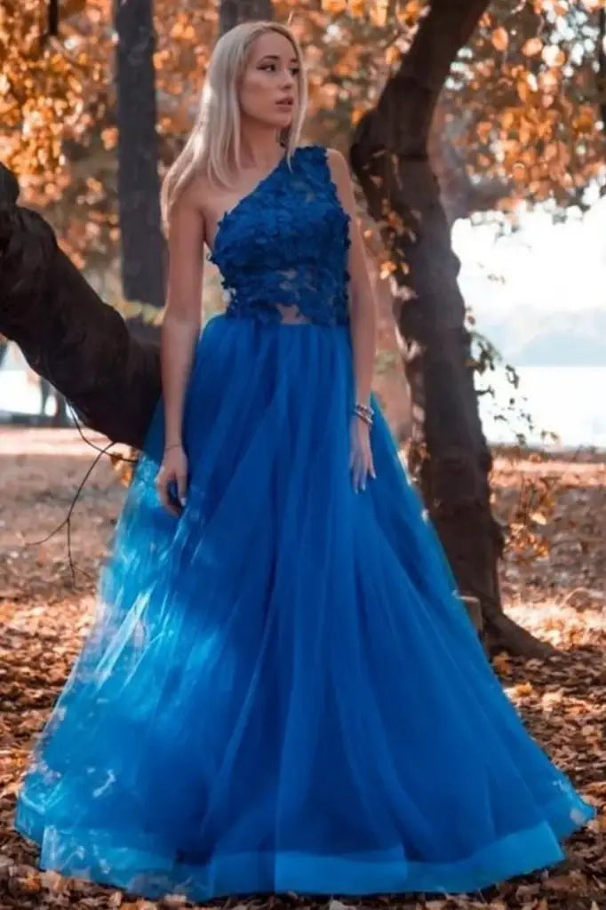 Royal Blue One-Shoulder A-Line Tulle Prom Formal Dresses