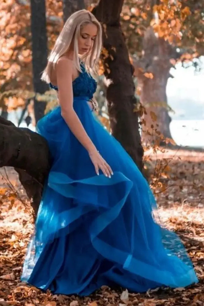 Royal Blue One-Shoulder A-Line Tulle Prom Formal Dresses