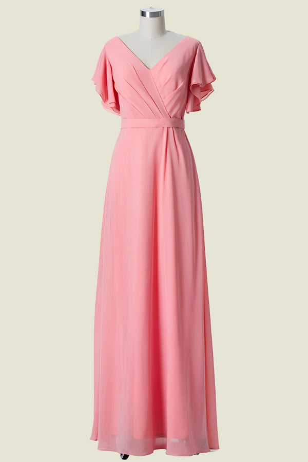 Pink Short Sleeves V-Neck A-Line Chiffon Bridesmaid Dresses