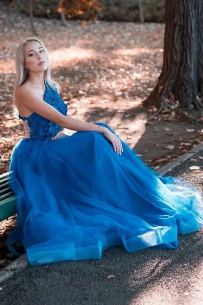 Royal Blue One-Shoulder A-Line Tulle Prom Formal Dresses