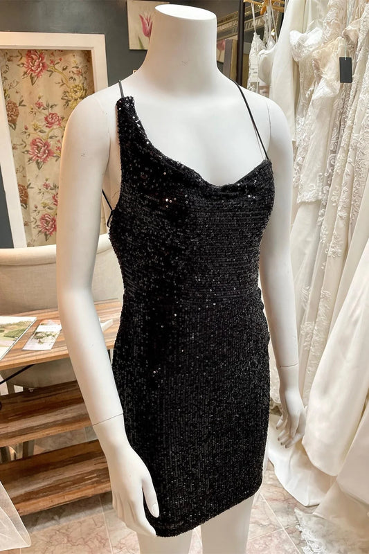 Black Asymmetrical Shoulder Short Homecoming Dress with Paillette
