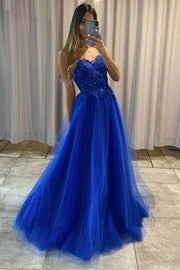 Royal Blue A-Line Tulle Spaghetti Straps Party Prom Dresses with Beads