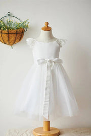 White Jewel Neck A-Line Lace Tulle Flower Girl Dresses with Sash