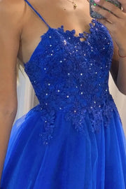 Royal Blue A-Line Tulle Spaghetti Straps Party Prom Dresses with Beads