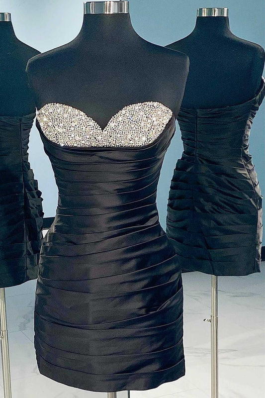 Black Beaded Embellished Draped Satin Mini Homecoming Dress