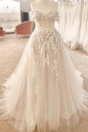 Glamorous Off-The-Shoulder Sweetheart A-Line Tulle Long Wedding Dresses with Appliques