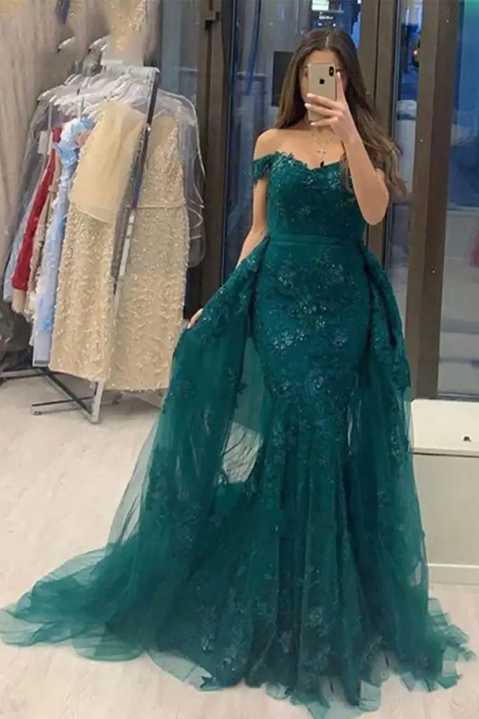 Exquisite Mermaid Off-The-Shoulder Tulle Prom Dresses with Train