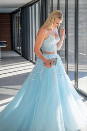 Sky Blue Two-Piece V-Neck A-Line Tulle Party Formal Dresses with Appliques