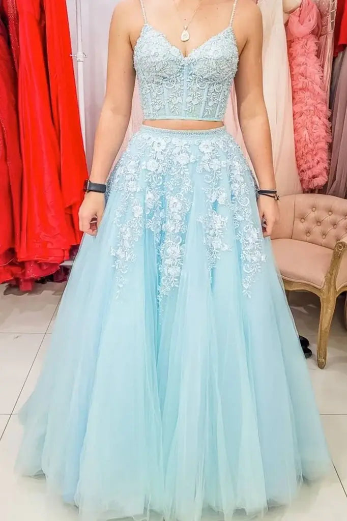 Sky Blue Two-Piece V-Neck A-Line Tulle Party Formal Dresses with Appliques