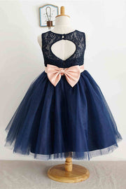 Dark Navy Crew Neck Sleeveless Lace Tulle Flower Girl Dresses with Sash