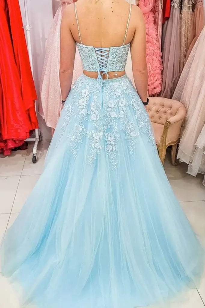 Sky Blue Two-Piece V-Neck A-Line Tulle Party Formal Dresses with Appliques