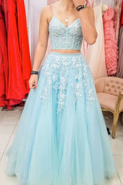 Sky Blue Two-Piece V-Neck A-Line Tulle Party Formal Dresses with Appliques