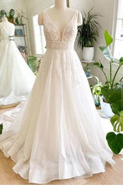 White Deep V-Neck A-Line Tulle Long Wedding Dresses with Open Back