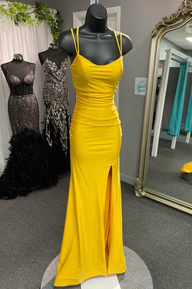 Yellow V-Neck Floor-Length Mermaid Satin Prom Dresses Criss Cross Straps with Slit