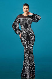 Black Floor-Length Crew Neck Mermaid Sequin Evening Dresses with Long Sleeves