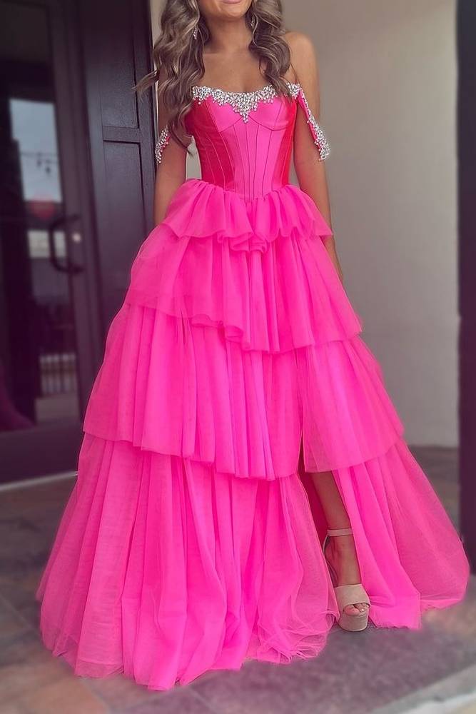 Fuchsia Off-The-Shoulder Tiered Split Front Prom Dresses with Beads