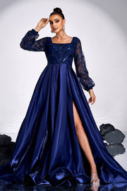 Dark Blue Square Neck A-Line Sequin Evening Dresses with Slit Long Sleeves