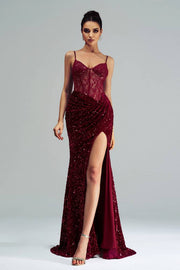 Burgundy Sequined Long Mermaid Sleeveless Prom Dresses with Slit