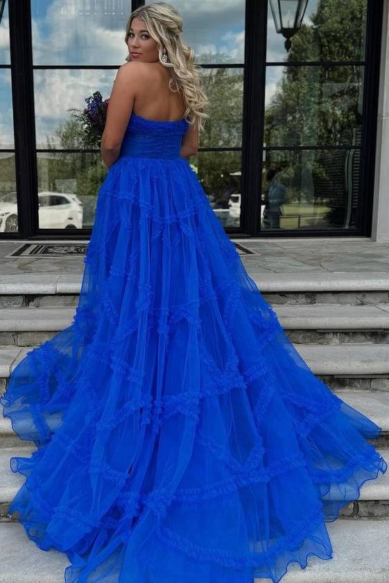 Chic Royal Blue Strapless Tulle A-Line Long Prom Dresses