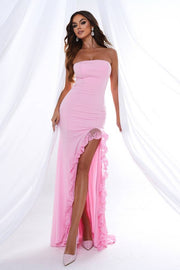 Pink Strapless Mermaid Satin Lace Prom Dresses with Slit