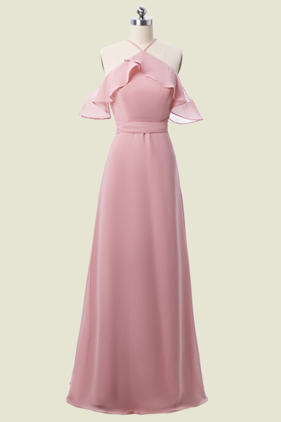 Pink Sleeveless Spaghetti Straps Floor-Length Chiffon A-Line Bridesmaid Dresses