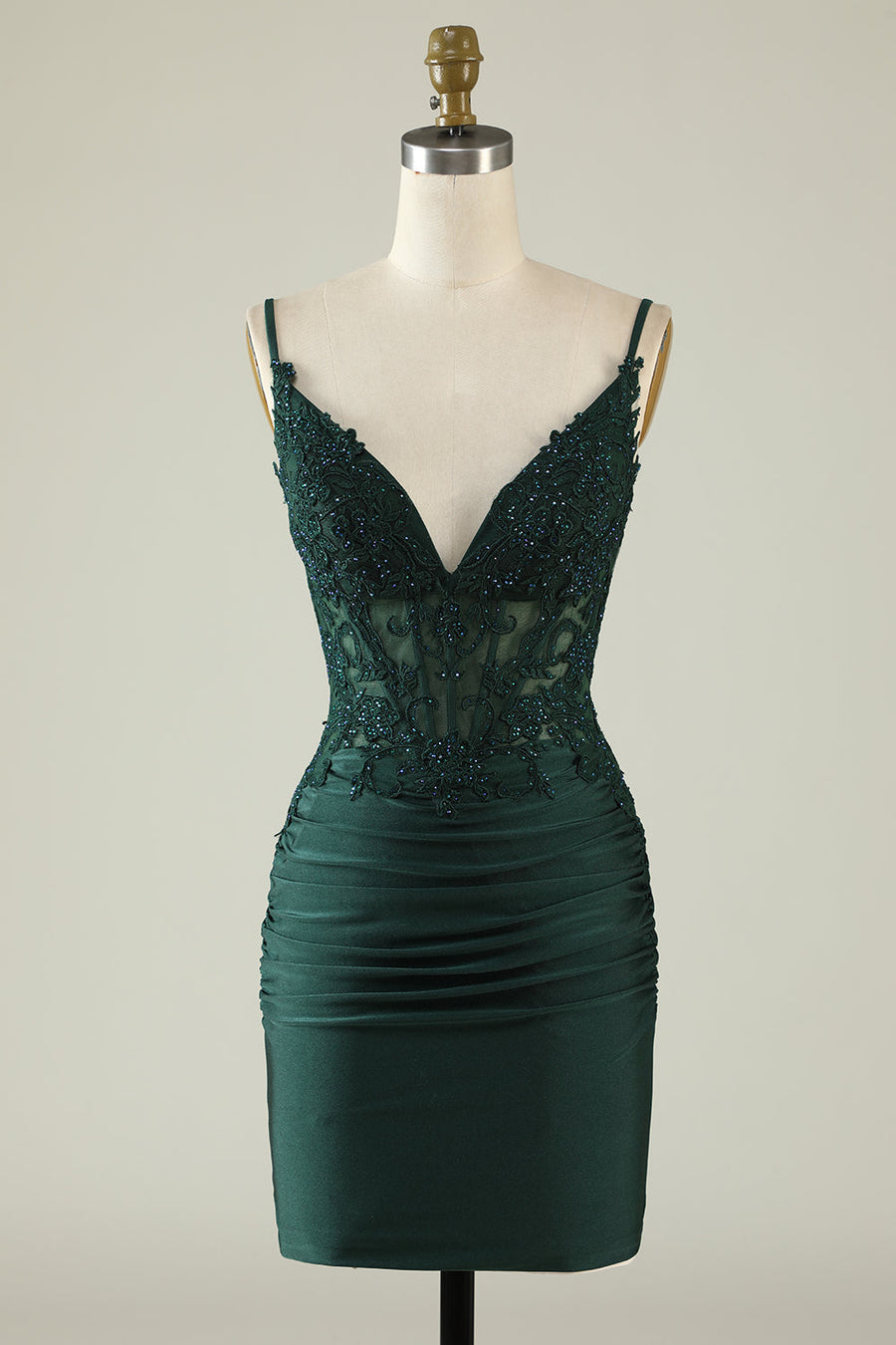 Dark Green Spaghetti Straps Sheath Short Formal Dresses Satin with Open Back