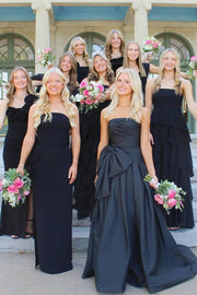 Black Strapless A-Line Satin Prom Dresses with Bow