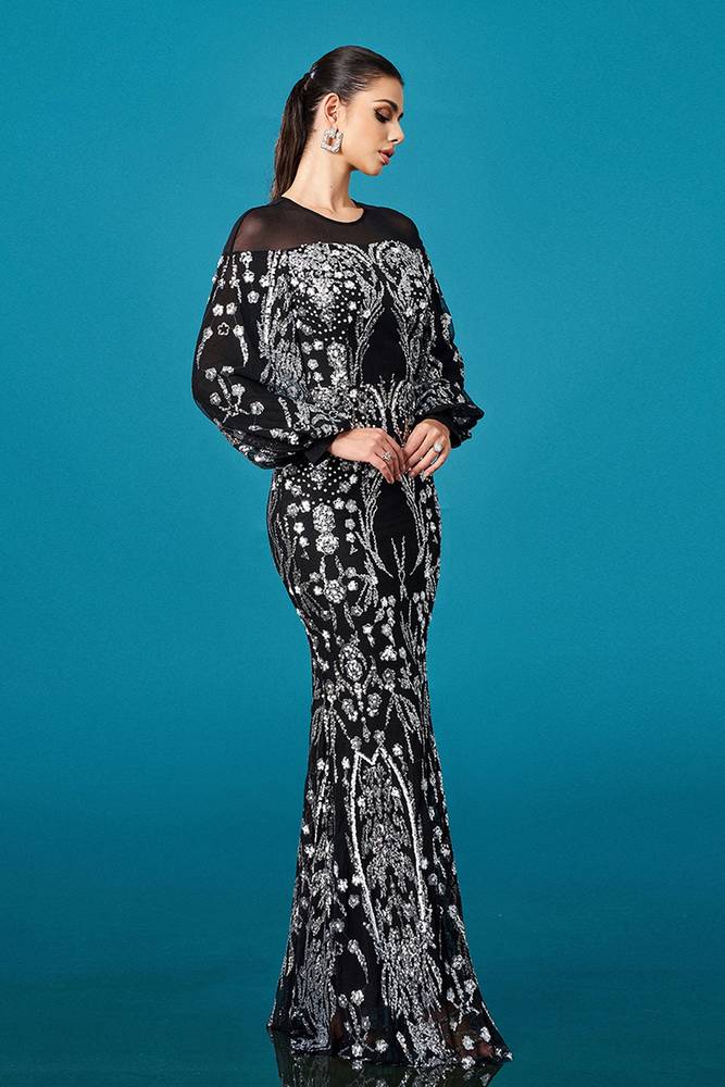 Black Floor-Length Crew Neck Mermaid Sequin Evening Dresses with Long Sleeves