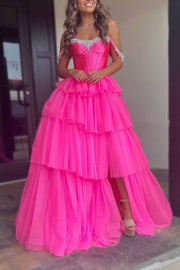 Fuchsia Off-The-Shoulder Tiered Split Front Prom Dresses with Beads