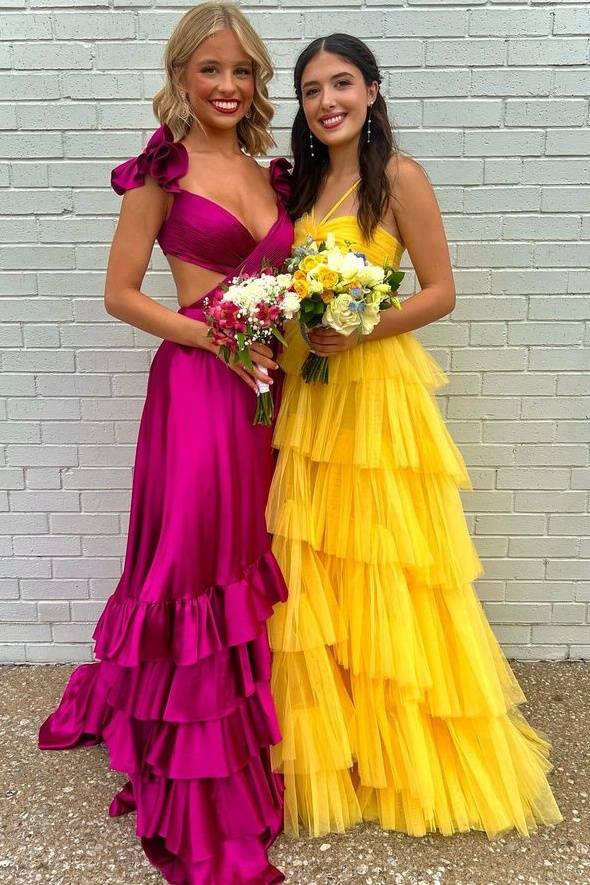 Yellow Spaghetti Straps Tulle A-Line Wedding Dresses Floor-Length Sleeveless