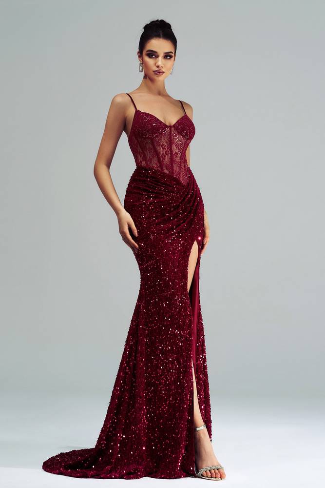 Burgundy Sequined Long Mermaid Sleeveless Prom Dresses with Slit