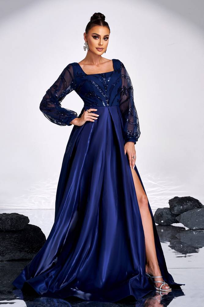 Dark Blue Square Neck A-Line Sequin Evening Dresses with Slit Long Sleeves