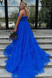 Chic Royal Blue Strapless Tulle A-Line Long Prom Dresses