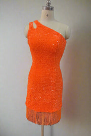 Orange One-Shoulder Sequined Sleeveless Short Sheath Homecoming Dresses