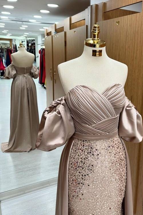 Glamorous Sweep Train Sequined Mermaid Off-The-Shoulder Sweetheart Strapless Satin Prom Dresses