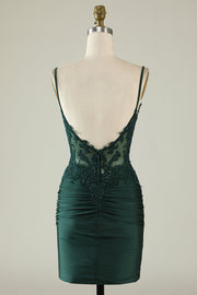 Dark Green Spaghetti Straps Sheath Short Formal Dresses Satin with Open Back