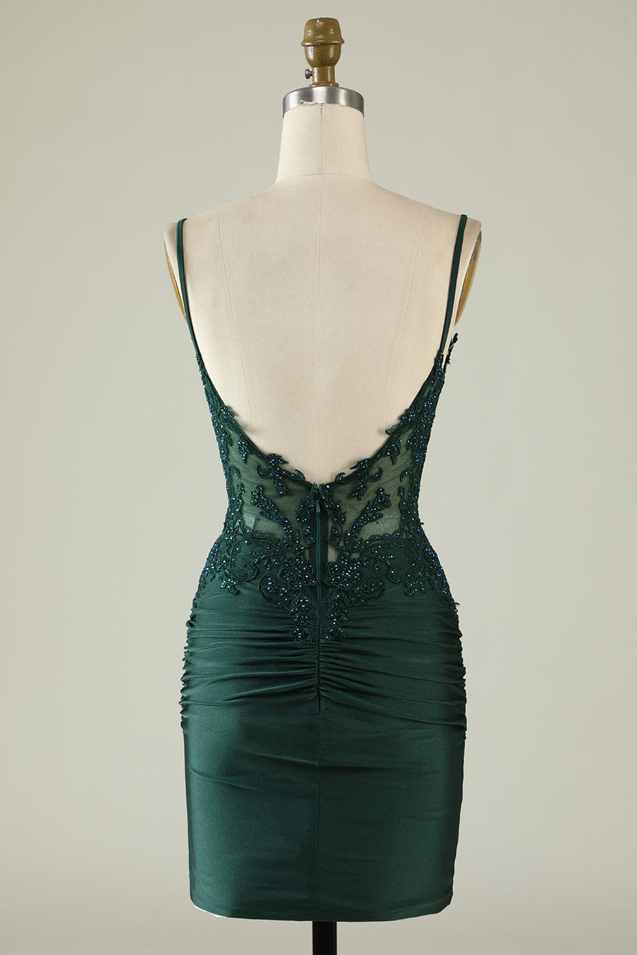 Dark Green Spaghetti Straps Sheath Short Formal Dresses Satin with Open Back