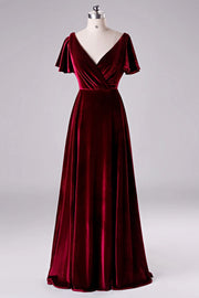 Elegant Burgundy V-Neck A-Line Long Velvet Bridesmaid Dresses