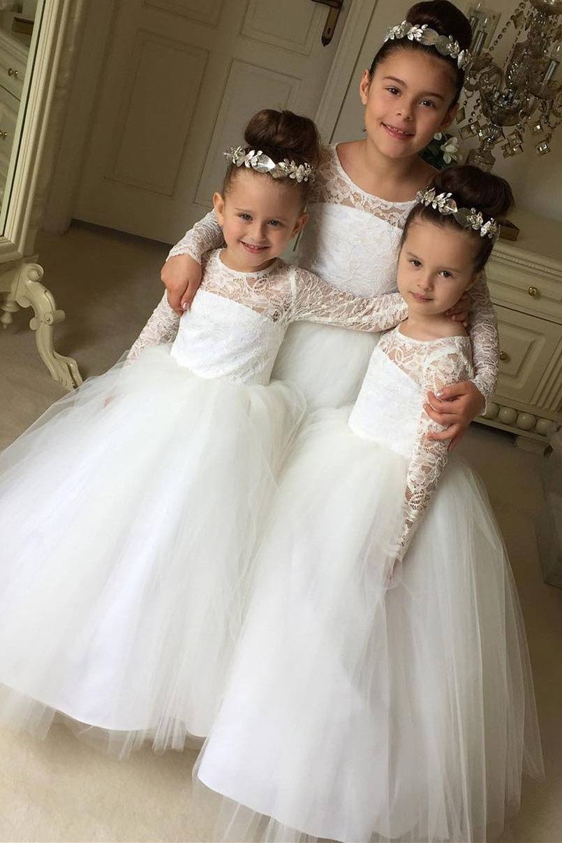 White Floor-Length Long Sleeves Ball Gown Tulle Flower Girl Dresses