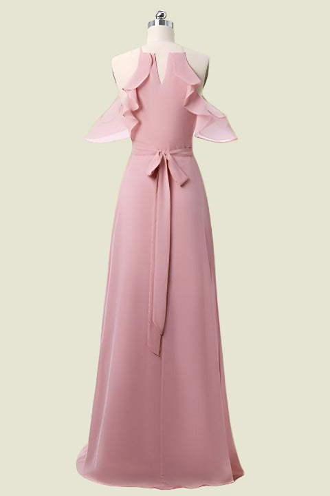 Pink Sleeveless Spaghetti Straps Floor-Length Chiffon A-Line Bridesmaid Dresses