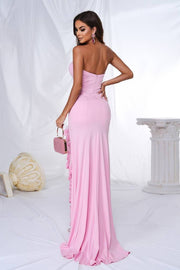 Pink Strapless Mermaid Satin Lace Prom Dresses with Slit