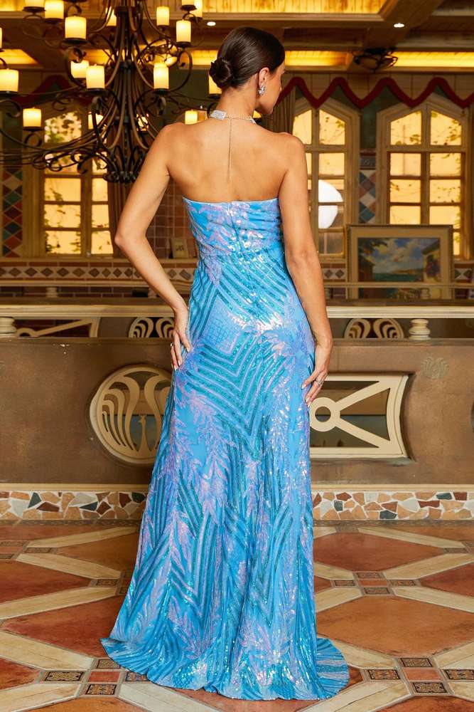 Pool Sequined Strapless Mermaid Prom Evening Dresses with Slit