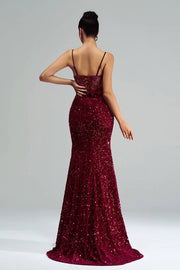 Burgundy Sequined Long Mermaid Sleeveless Prom Dresses with Slit