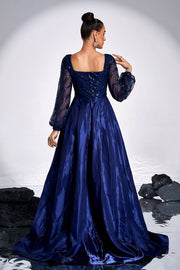 Dark Blue Square Neck A-Line Sequin Evening Dresses with Slit Long Sleeves