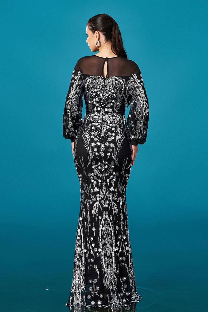 Black Floor-Length Crew Neck Mermaid Sequin Evening Dresses with Long Sleeves