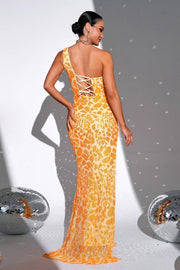 Yellow Sequined One-Shoulder Mermaid Prom Evening Dresses with Slit